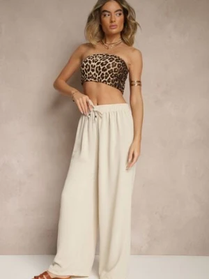 Jasnobeżowe Spodnie z Bawełną o Szerokim Kroju z Wiązaniem Rosanelisa j&x