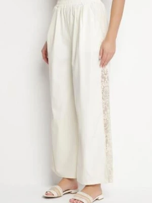 Jasnobeżowe Spodnie z Bawełną o Szerokim Kroju z Wysokim Stanem i Koronką Efadwenna alina