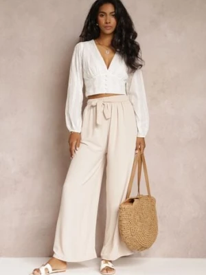 Jasnobeżowe Spodnie z Szerokimi Nogawkami i Doszytym Paskiem w Talii Atita j&x