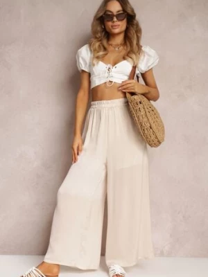 Jasnobeżowe Spodnie z Szerokimi Nogawkami i Gumką w Pasie Jacobisa bludeise