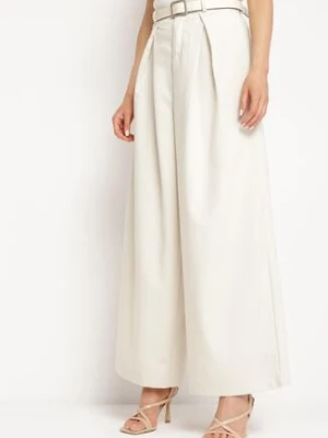 Jasnobeżowe Spodnie z Szerokimi Nogawkami Palazzo i Paskiem z Klamrą Pietalina elsa.m by may