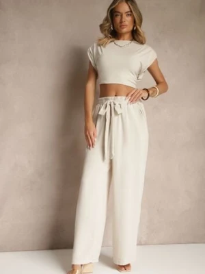 Jasnobeżowe Spodnie z Wiskozą o Szerokim Kroju z Wiązanym Paskiem Zileindra defox
