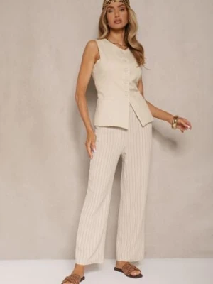 Jasnobeżowe Spodnie z Wiskozy High Waist Ozdobione Paskami Linariena