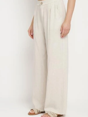 Jasnobeżowe Szerokie Proste Spodnie z Wysokim Stanem z Lnem Zapinane na Suwak i Guzik z Wszytą z Tyłu Gumką Azitela yu & me