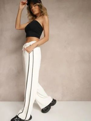 Jasnobeżowe Szerokie Spodnie Dresowe High Waist Zdobione Lampasami Sopaline