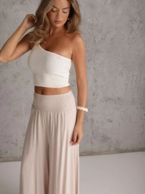 Jasnobeżowe Szerokie Spodnie High Waist o Długości 7/8 Rathi J.stars Beżowy