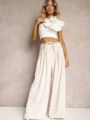 Jasnobeżowe Szerokie Spodnie High Waist Zapinane na Suwak z Wiązaniem w Talii Vikonnia elsa.m by may
