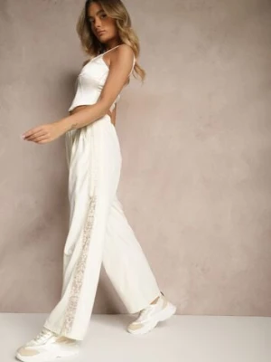 Jasnobeżowe Szerokie Spodnie z Bawełną High Waist Ozdobione Koronką Efandiela alina