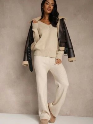 Jasnobeżowe Szerokie Spodnie z Wełną High Waist z Prążkowanego Materiału Reinna