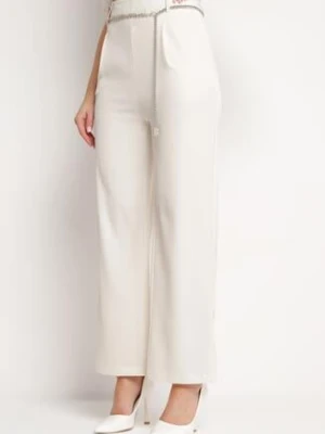 Jasnobeżowe Szerokie Spodnie Zapinane z boku na Suwak z Ozdobnym Łańcuchem Grazioso sophyline