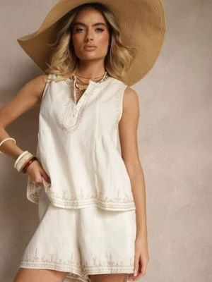 Jasnobeżowe Szorty High Waist z Bawełny z Ozdobnym Haftem Korimizza rosa