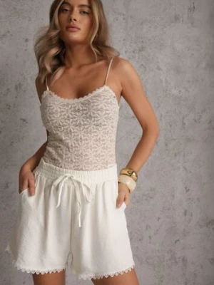 Jasnobeżowe Szorty High Waist z Wiskozą i Bawełną Ozdobione Koronką i Gumką w Pasie Tadea airisa