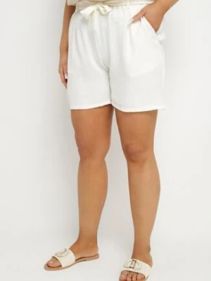 Jasnobeżowe Szorty Typu Bermudy z Wysokim Stanem z Gumką w Pasie i Wiązaniem Seviiana bh forever