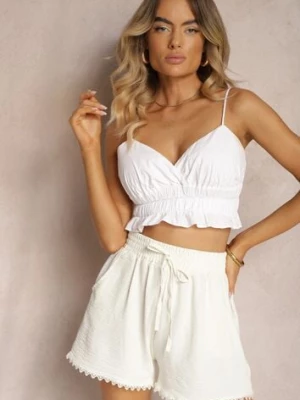 Jasnobeżowe Szorty z Bawełną i Wiskozą w Stylu Bermudów z Gumką w Talii i Ażurowym Wzorem Nelsianae airisa