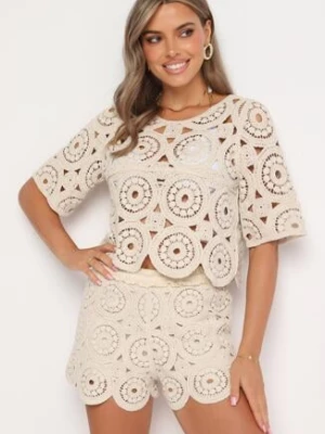 Jasnobeżowe Szorty z Dodatkiem Bawełny i Ażurowym Wzorem Wykończone Gumką w Pasie Dlitha rosa