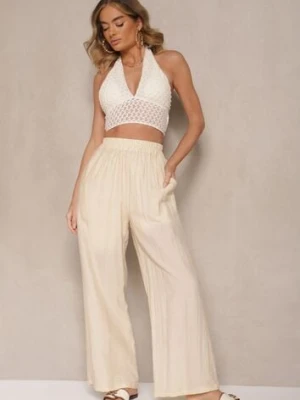 Jasnobeżowe Wiskozowe Spodnie Palazzo High Waist z Lnem Linaselia