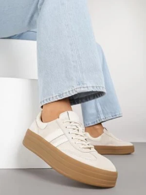 Jasnobeżowe Zamszowe Sneakersy na Grubej Podeszwie z Paskami i Skórzaną Wkładką Felenne goodin