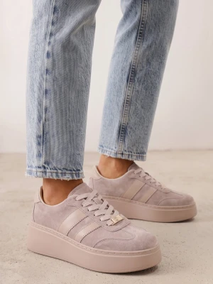 Jasnobeżowe Zamszowe Sneakersy na Grubej Podeszwie ze Skórzaną Wkładką Yinrieth Goodin Beżowy