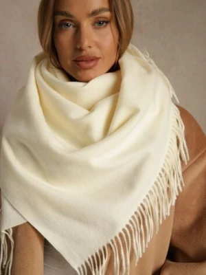 Jasnobeżowy Bawełniano-Wiskozowy Szalik w Kształcie Trójkąta z Frędzlami Vetisara