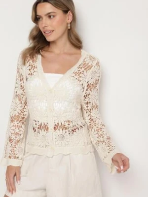 Jasnobeżowy Bawełniany Ażurowy Kardigan na Guziki Eviliri cflo