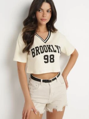 Jasnobeżowy Bawełniany T-shirt z Napisem Nitanelia h&s
