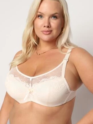 Beżowy Biustonosz Koronkowy z Usztywnionymi Miseczkami Fatinas