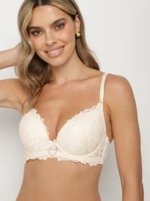 Beżowy Biustonosz Ozdobiony Koronką i Cyrkoniowym Sercem Fannel