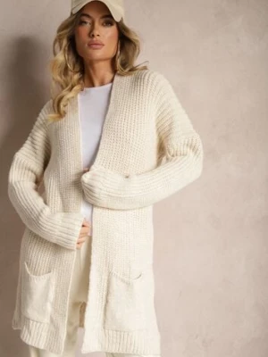 Jasnobeżowy Długi Kardigan Bez Zapięć z Obniżoną Linią Ramion i Kieszeniami Viatha miss poem