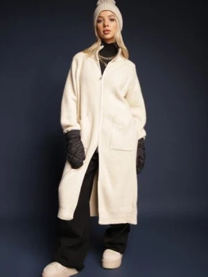 Jasnobeżowy Długi Kardigan o Prostym Kroju ze Stójką z Domieszką Wełny i Zapięciem na Suwak Bonitana j&x