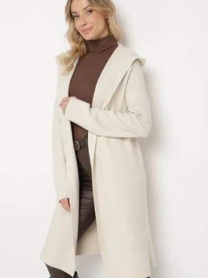 Jasnobeżowy Długi Kardigan z Wiskozą Bez Zapięć z Kapturem Nevarisse wei wei