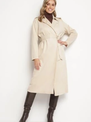 Jasnobeżowy Długi Płaszcz Wiązany w Pasie z Wsuwanymi Kieszeniami Galattea j studio