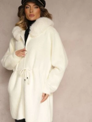 Jasnobeżowy Długi Płaszcz ze Ściągaczem w Pasie Zdobiony Futrem Delithriel wei wei