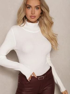 Jasnobeżowy Dopasowany Golf z Prążkowanej Dzianiny z Wiskozą z Wiązaniem i Wycięciem z Tyłu Voretta miss poem