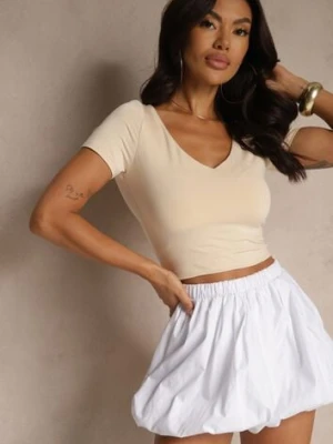 Jasnobeżowy Dopasowany T-shirt z Wiskozą z Dekoltem w Kształcie Litery V Follerea by swan