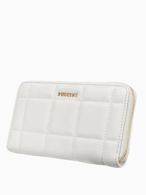 Jasnobeżowy duży portfel damski z ozdobnymi przeszyciami Puccini