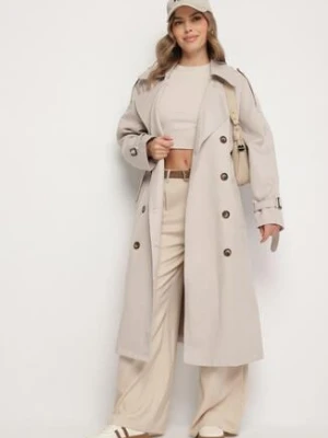 Jasnobeżowy Dwurzędowy Płaszcz Trencz o Oversizowym Kroju z Paskiem Inathara