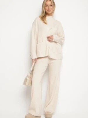 Jasnobeżowy Dzianinowy Komplet z Bawełną Spodnie Kardigan i Bluzka z Golfem Ralinada j&x