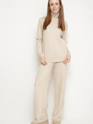 Jasnobeżowy Dzianinowy Komplet z Wełną i Bawełną Spodnie i Sweter z Golfem Errele
