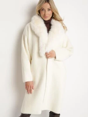 Jasnobeżowy Dzianinowy Płaszcz z Wełną z Odpinanym Futrzanym Kołnierzem Floriti wei wei