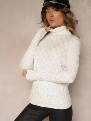 Jasnobeżowy Golf z Wiskozą w Tłoczony Wzór Przeszyty Metaliczną Nitką Neldora wool fashion