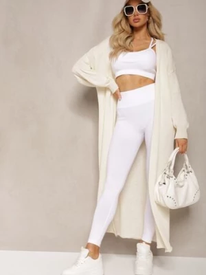 Jasnobeżowy Jednolity Kardigan o Przedłużonym Kroju ze Ściągaczami Terrin tricot station