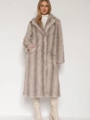 Jasnobeżowy Jednorzędowy Płaszcz Futerko o Klasycznym Kroju Yrelsha