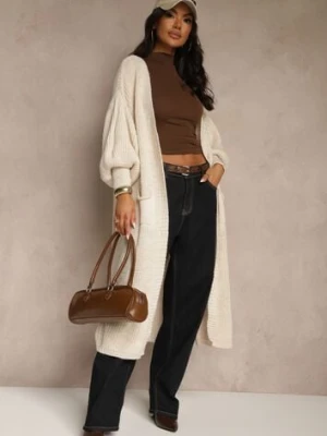 Jasnobeżowy Kardigan Długi z Bufiastym Rękawem Mesho pretty