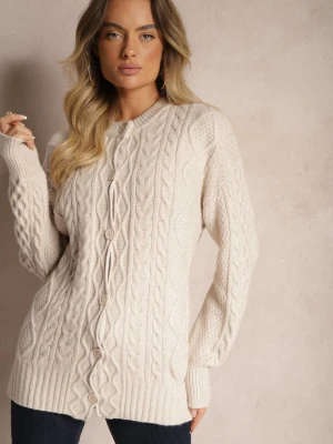 Jasnobeżowy Kardigan na Guziki z Ozdobnym Splotem Alorinda Wool Fashion