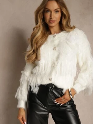 Jasnobeżowy Kardigan w Eleganckim Stylu z Imitacją Piór i Perłowymi Guzikami Nessea j&x