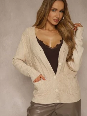Jasnobeżowy Kardigan z Bawełną i Tłoczonym Wzorem Reisina