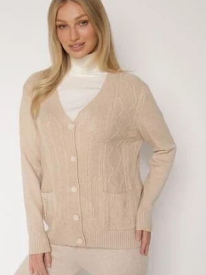 Jasnobeżowy Kardigan z Bawełną Zdobiony Warkoczowym Splotem i Kieszeniami Mevesava