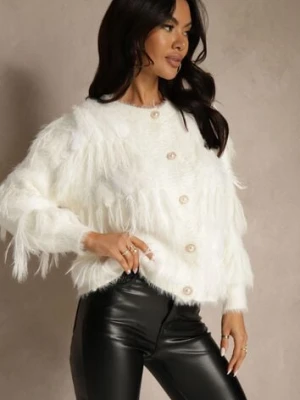 Jasnobeżowy Kardigan z Dzianiny z Wełną Imitującą Pióra z Perłowymi Guzikami Meviatta