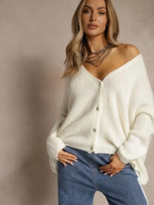 Jasnobeżowy Kardigan z Wełną i Moherem o Klasycznym Kroju z Dekoltem w Serek Avelmio jumelle