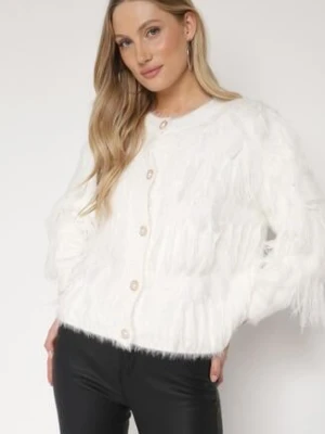 Jasnobeżowy Kardigan z Wełną o Fakturze Imitującej Pióra z Ozdobnymi Guzikami Mevinalia